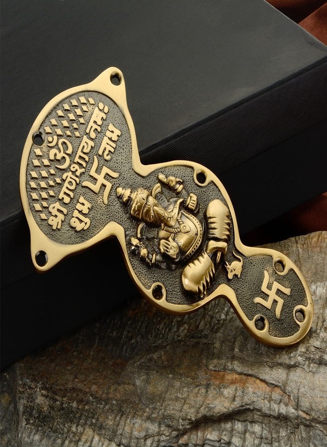DEVDECOR, Brass Wall Hanging of Lord Ganesha with Om, Swastik & Shubh Labh - 7.6 inch Hindu Entrance Decor | Shri Ganeshaya Namah Plaque for Home, Temple & Vastu - Image 1