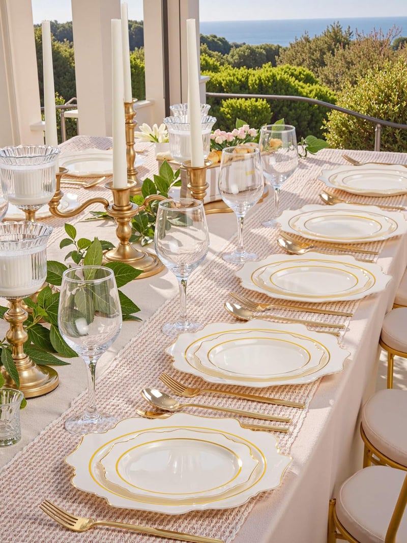 WDF 100PCS Ivory Plastic Plates with Gold Rim - Cream Plastic Plates - Include 50 Dinner & 50 Dessert Fancy Disposable Plate for Party - Heavy Duty Beige Plate for Baby Shower Wedding Spring - Image 2