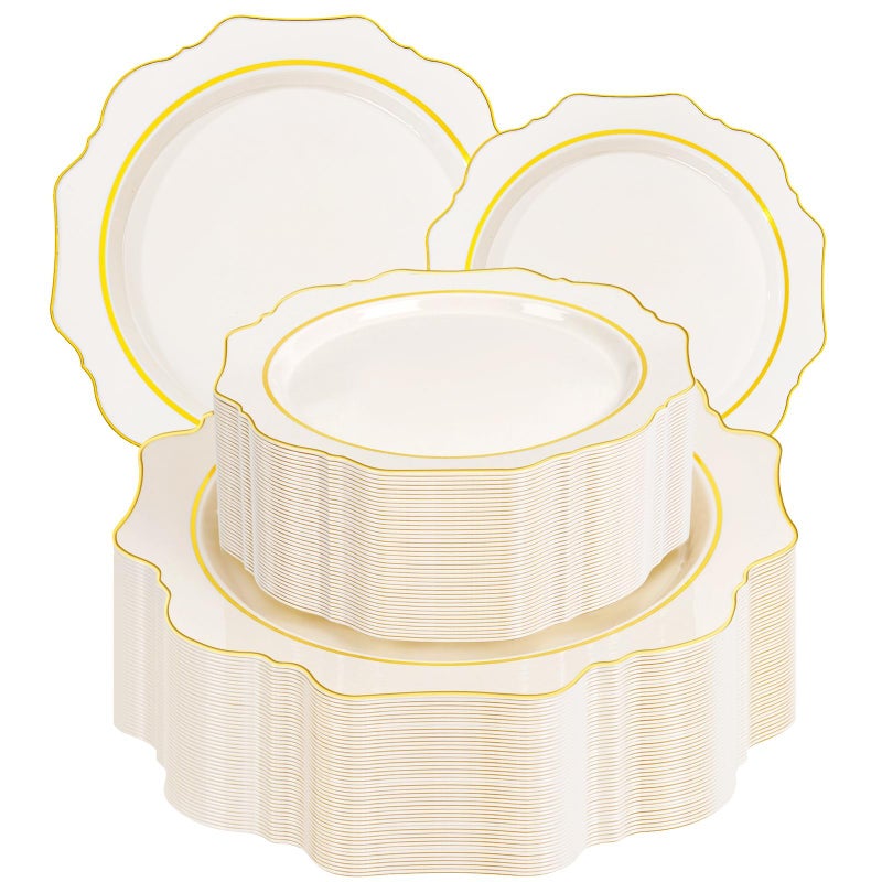 WDF 100PCS Ivory Plastic Plates with Gold Rim - Cream Plastic Plates - Include 50 Dinner & 50 Dessert Fancy Disposable Plate for Party - Heavy Duty Beige Plate for Baby Shower Wedding Spring - Image 1