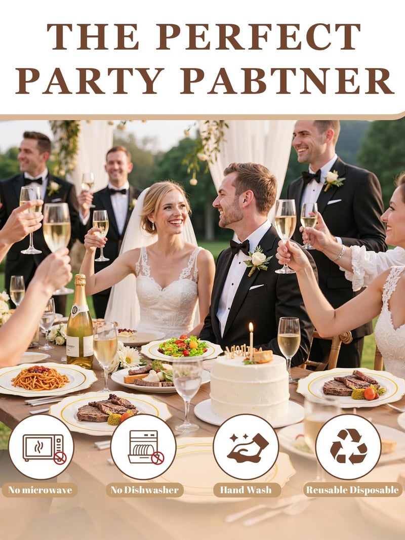 WDF 100PCS Ivory Plastic Plates with Gold Rim - Cream Plastic Plates - Include 50 Dinner & 50 Dessert Fancy Disposable Plate for Party - Heavy Duty Beige Plate for Baby Shower Wedding Spring - Image 3