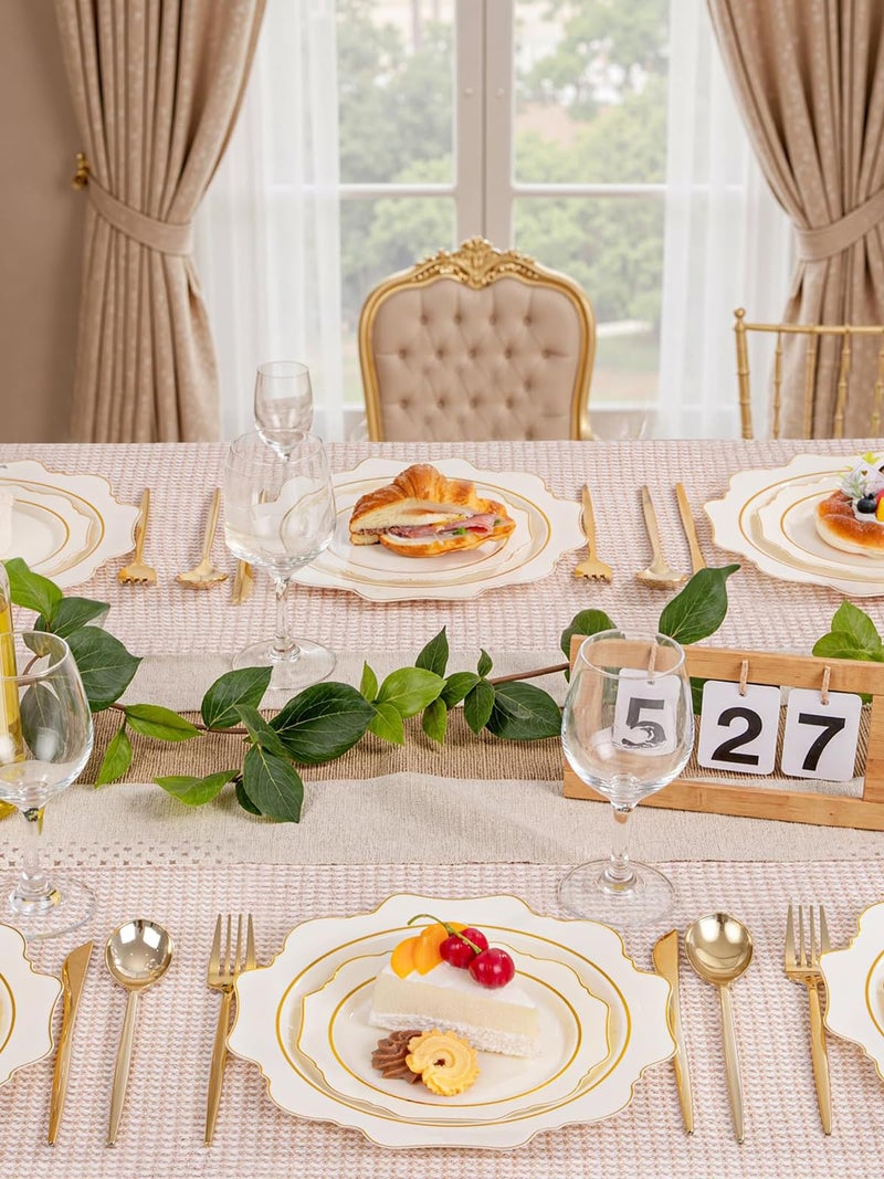 WDF 100PCS Ivory Plastic Plates with Gold Rim - Cream Plastic Plates - Include 50 Dinner & 50 Dessert Fancy Disposable Plate for Party - Heavy Duty Beige Plate for Baby Shower Wedding Spring - Image 5