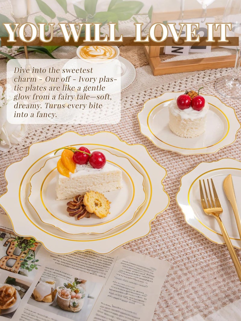 WDF 100PCS Ivory Plastic Plates with Gold Rim - Cream Plastic Plates - Include 50 Dinner & 50 Dessert Fancy Disposable Plate for Party - Heavy Duty Beige Plate for Baby Shower Wedding Spring - Image 4