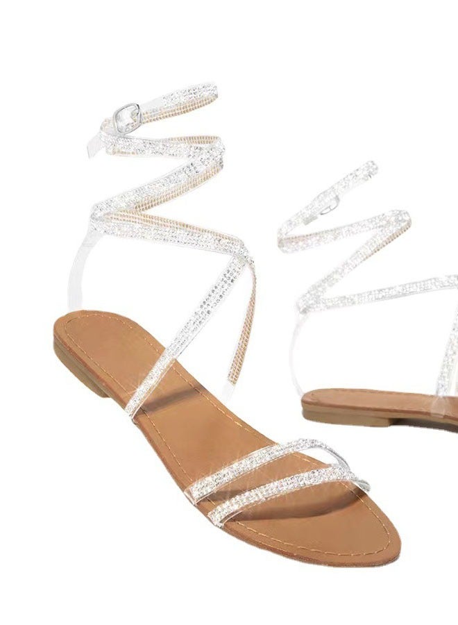 Plus Size Roman Pearl Sandals Handmade beaded Flat Sandals  - Image 2
