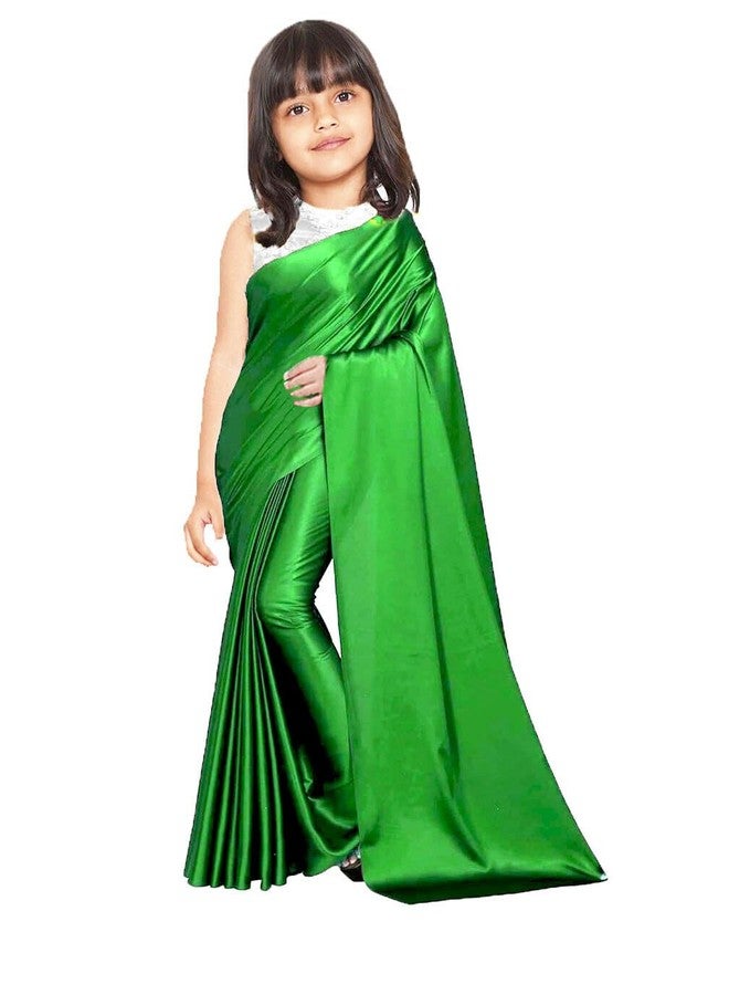 HIBA CREATIONS Baby Girl Kids Independence day Green color prestitched saree with white readymade blouse 7-8 Years - Image 1