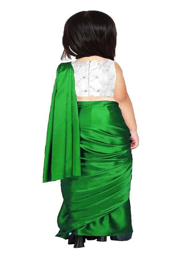 HIBA CREATIONS Baby Girl Kids Independence day Green color prestitched saree with white readymade blouse 7-8 Years - Image 2