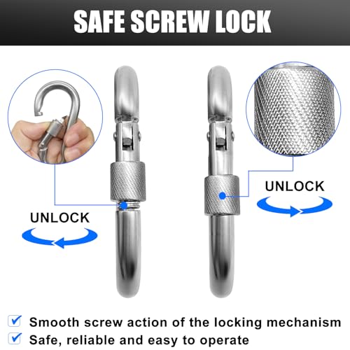 EFFIET 4 Inches Stainless Steel Loacking Carabiner, EFFIET Heavy Duty Spring Snap Hook Clips Buckle for Gym Exercise, Punching Bags, Hiking, Camping (2pcs 4" with Lock) - Image 3
