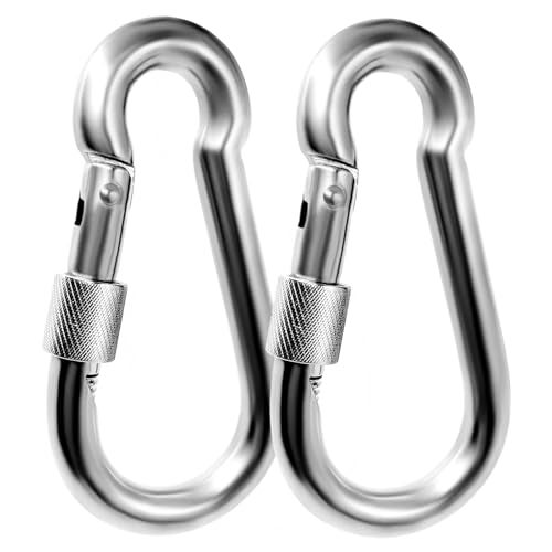 EFFIET 4 Inches Stainless Steel Loacking Carabiner, EFFIET Heavy Duty Spring Snap Hook Clips Buckle for Gym Exercise, Punching Bags, Hiking, Camping (2pcs 4" with Lock) - Image 1