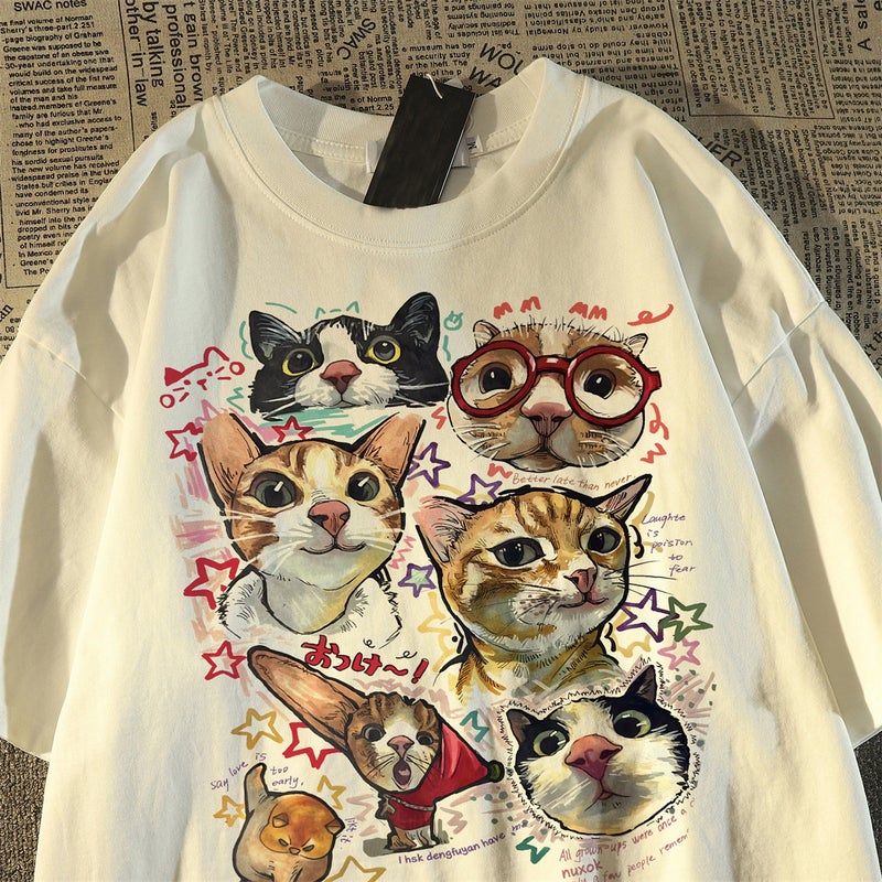 American sweet and cool cartoon cat print pure cotton short-sleeved t-shirt for women and men in summer 2025 new loose trendy top - Image 2