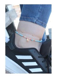 Gold Color Steel Anklet With Blue and Orange Beads