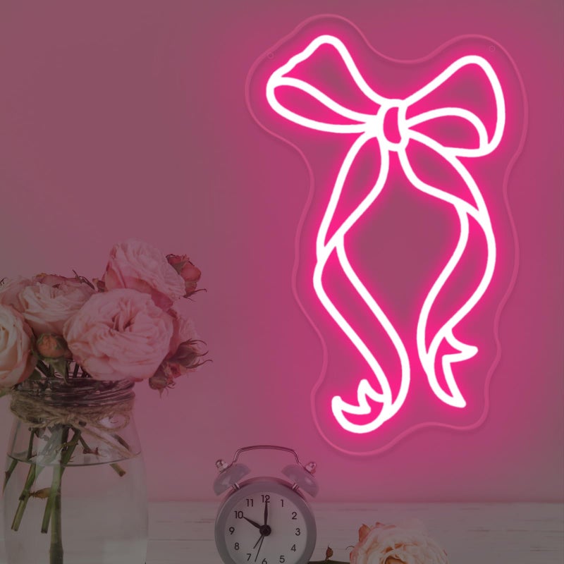 DUOLIYBC Bow Ribbon Neon Sign - Light-Up Pink Bow Neon Decor for Girls Bedroom, Nursery, and Birthday Gift, Elegant Wall Art for Kids, 15â€³ Ã— 9.2â€³ - Image 1