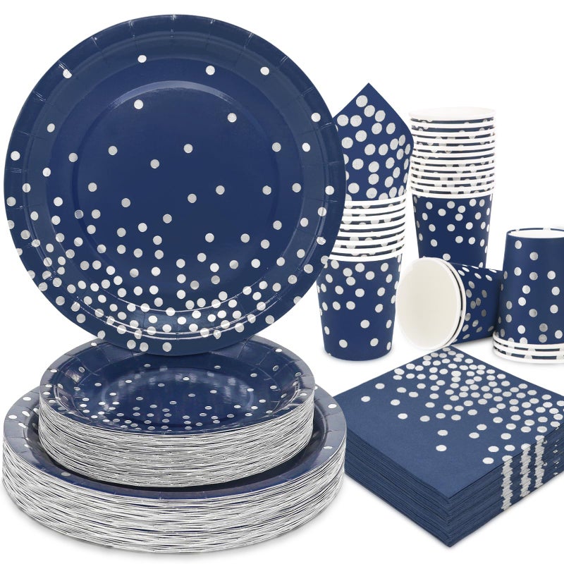 Gudvilla 200 Navy Blue Plates and Napkins Party Supplies - Serve 50 Guests  Blue and Silver Birthday Plates Disposable for Wedding Anniversary Retirement Graduation Decorations - Image 1