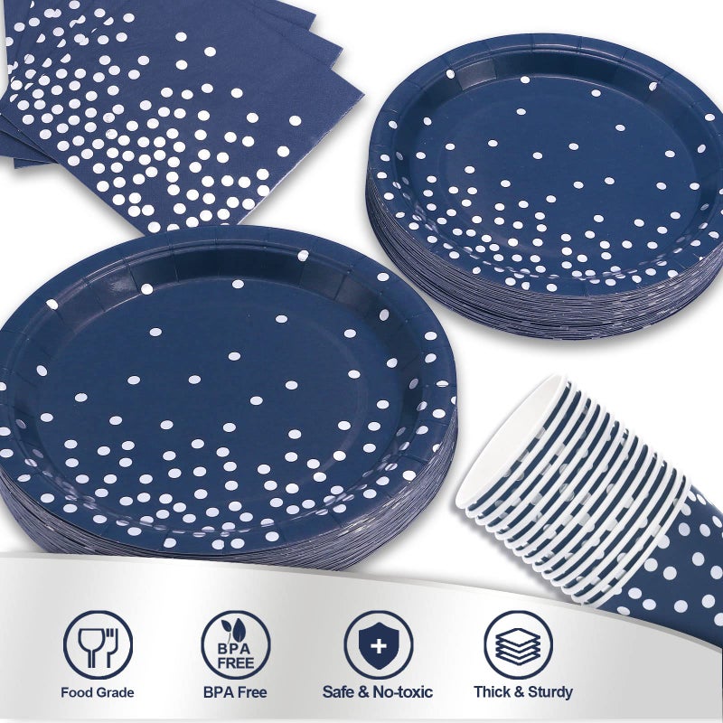 Gudvilla 200 Navy Blue Plates and Napkins Party Supplies - Serve 50 Guests  Blue and Silver Birthday Plates Disposable for Wedding Anniversary Retirement Graduation Decorations - Image 3