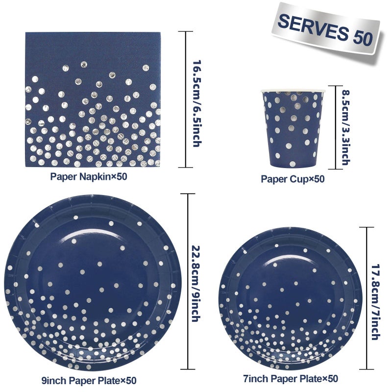 Gudvilla 200 Navy Blue Plates and Napkins Party Supplies - Serve 50 Guests  Blue and Silver Birthday Plates Disposable for Wedding Anniversary Retirement Graduation Decorations - Image 2
