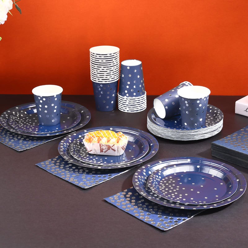 Gudvilla 200 Navy Blue Plates and Napkins Party Supplies - Serve 50 Guests  Blue and Silver Birthday Plates Disposable for Wedding Anniversary Retirement Graduation Decorations - Image 5