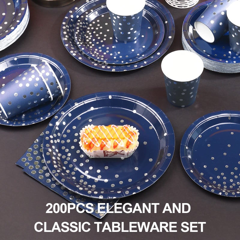Gudvilla 200 Navy Blue Plates and Napkins Party Supplies - Serve 50 Guests  Blue and Silver Birthday Plates Disposable for Wedding Anniversary Retirement Graduation Decorations - Image 4