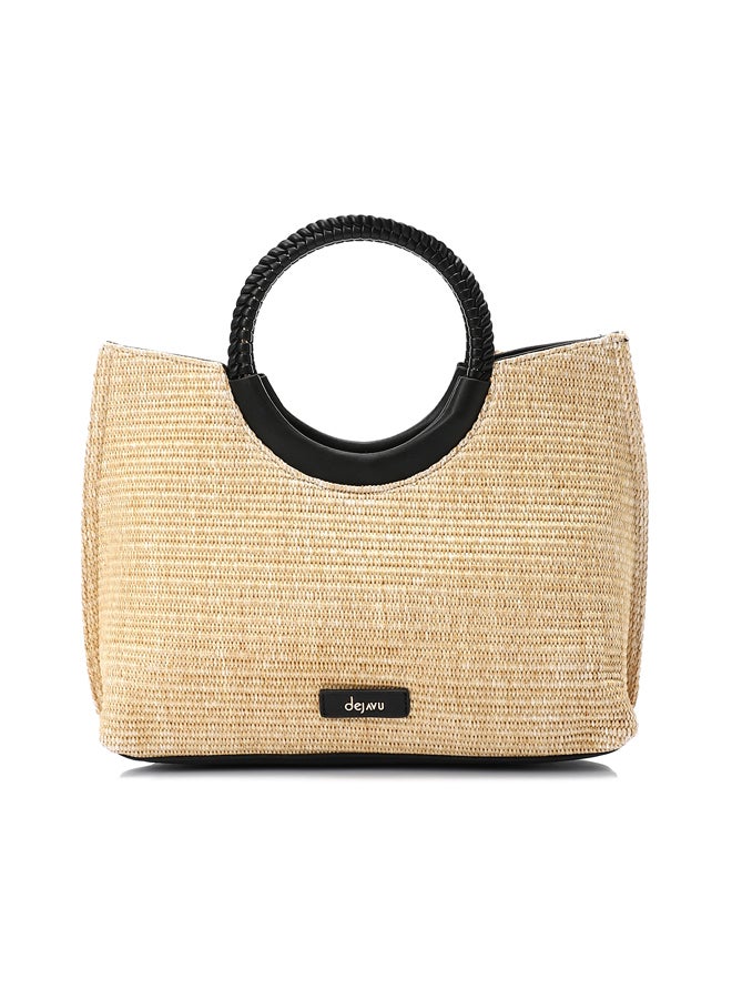 DejaVu Raffia Effect Practical Handbag - Beige & Black  - Image 5