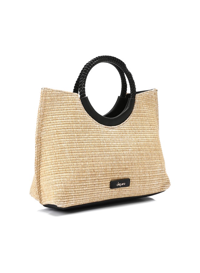 DejaVu Raffia Effect Practical Handbag - Beige & Black  - Image 1