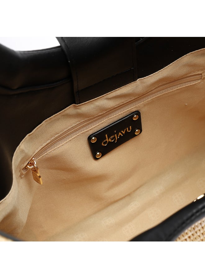 DejaVu Raffia Effect Practical Handbag - Beige & Black  - Image 4