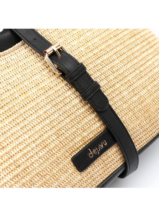 DejaVu Raffia Effect Practical Handbag - Beige & Black  - Image 3