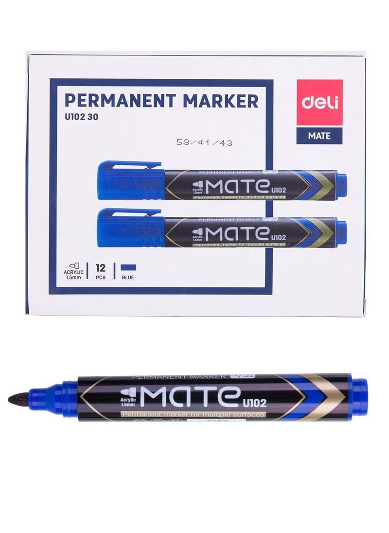 Deli 12-Piece Bullet Tip Permanent Marker Blue Ink  - Image 1