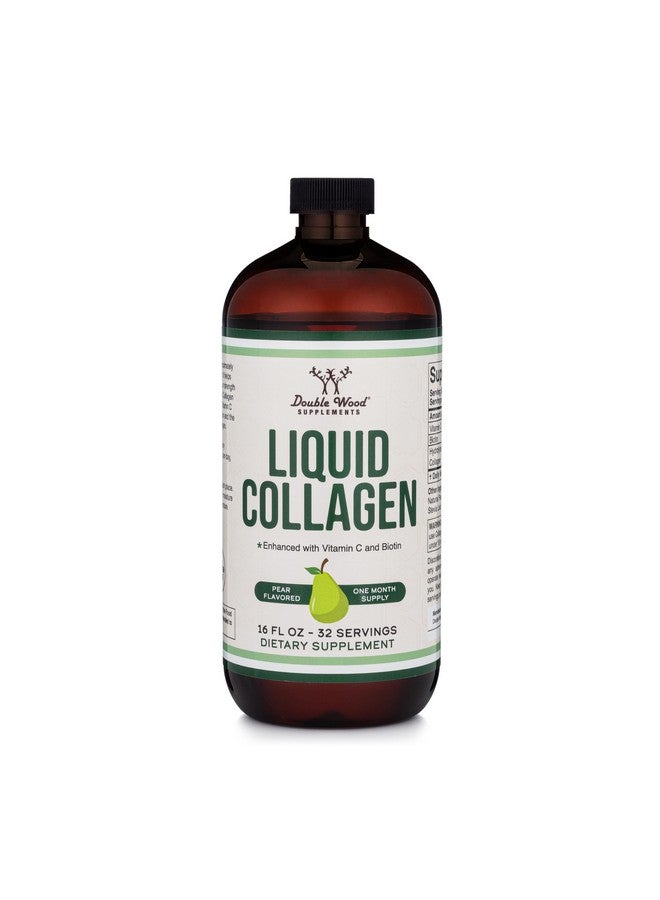 Double Wood Supplements Liquid Collagen - 2500mg of Hydrolyzed Bovine Collagen (Type 1, 3 and Grassfed) - 32 Servings - for Women and Men - 30 mcg of Biotin - Sugar Free Pear Flavor - Image 1
