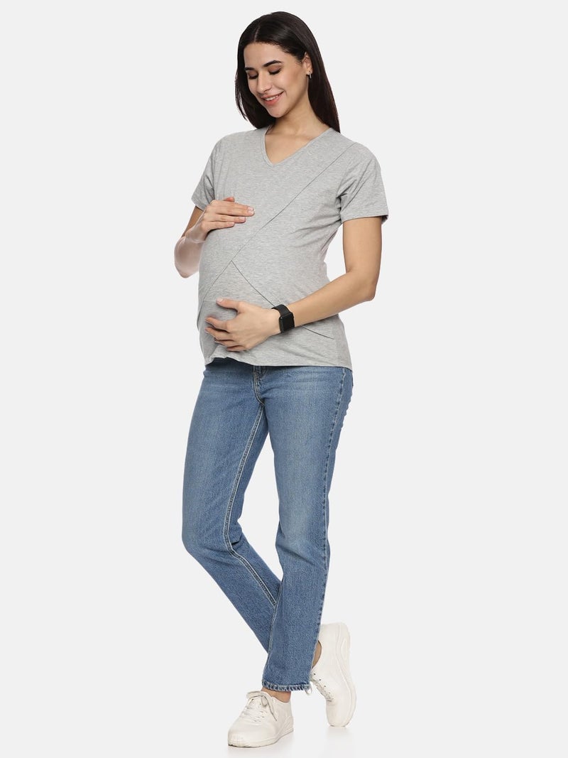 KIKWIT Maternity Feeding Tops Without Zip for Women, Feeding Coverup Pregnancy Tshirt,Feeding T-Shirt for Easy Nursing & Breastfeeding, Maternity Top Wear for Mothers (in, Alpha, XL, Light Grey) - Image 4