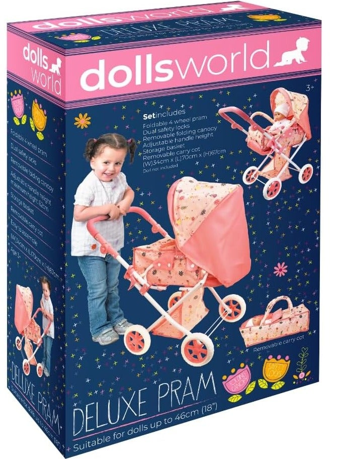 dolls world Deluxe Folding Pram for Dolls Up to 18" | Role-Play Toy Pram for Kids Age 3+ | Peterkin - Image 4