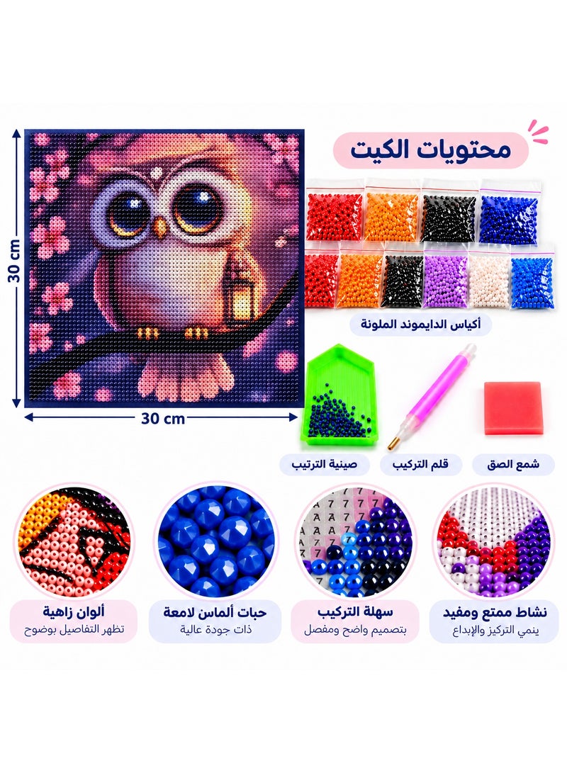 Diamond Painting Kit – Owl and Lantern – 30 x 30 cm – Bead Art with Application Tools - Image 4