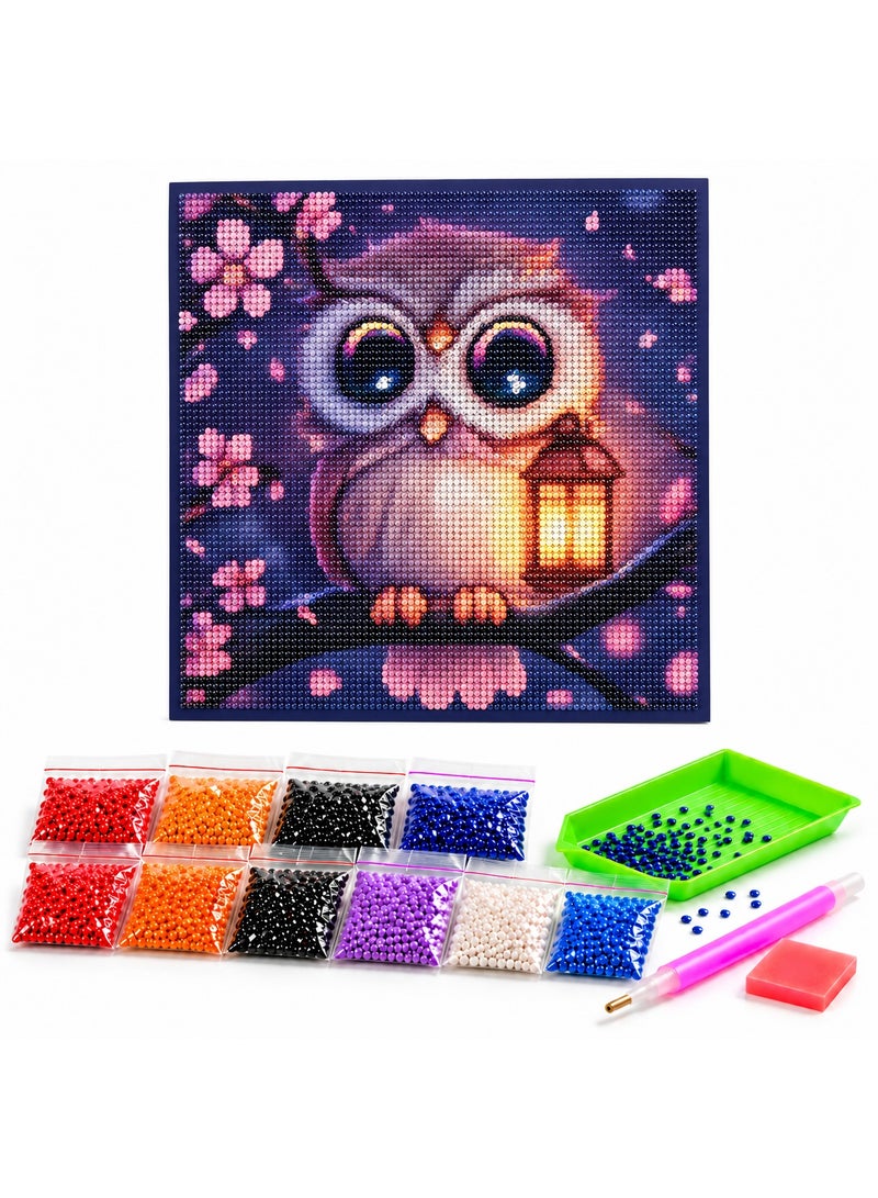Diamond Painting Kit – Owl and Lantern – 30 x 30 cm – Bead Art with Application Tools - Image 1