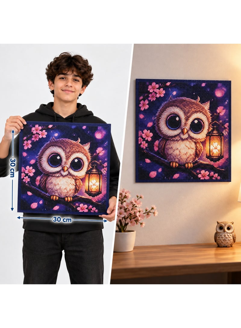 Diamond Painting Kit – Owl and Lantern – 30 x 30 cm – Bead Art with Application Tools - Image 3