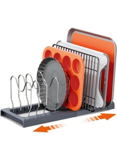 Hihonor Expandable Pot and Pan Organizer Rack for Cabinet, Pot Lid Organizer Holder with 7 Adjustable Compartments, Cutting Board, Cookware, Bakeware & Frying Rack Organizer for Cabinet (Gray)  - Image 1
