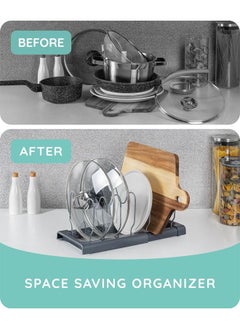 Hihonor Expandable Pot and Pan Organizer Rack for Cabinet, Pot Lid Organizer Holder with 7 Adjustable Compartments, Cutting Board, Cookware, Bakeware & Frying Rack Organizer for Cabinet (Gray)  - Image 2