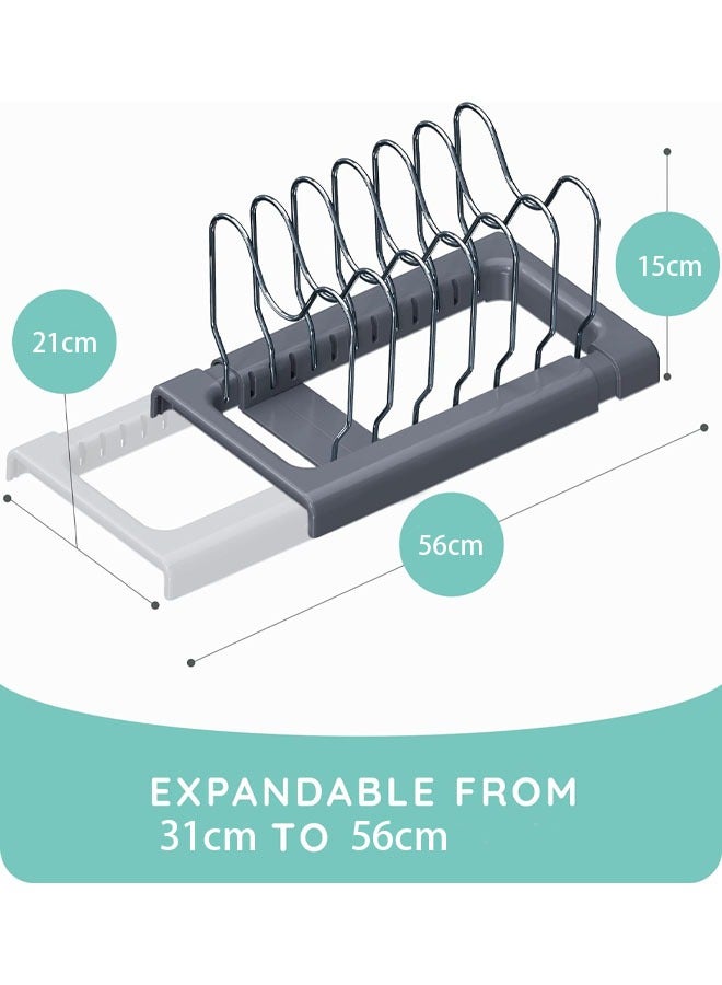 Expandable Pot and Pan Organizer Rack for Cabinet, Pot Lid Organizer Holder with 7 Adjustable Compartments, Cutting Board, Cookware, Bakeware & Frying Rack Organizer for Cabinet (Gray)