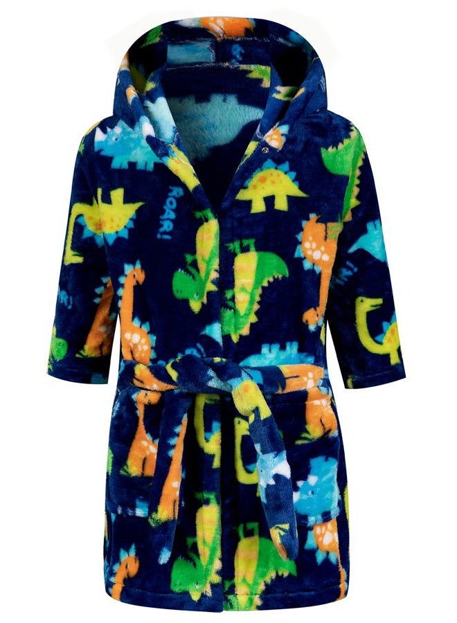 CROOUTN Kids Little Boys Girls Cartoon Hooded Bathrobe Toddler Robe Pajamas Sleepwear, Blue Dinosaur, 6-7 years - Image 1