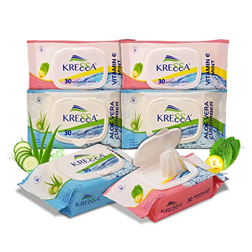 Kressa Face Wet Wipes Aloe Vera Cucumber and VitaminE Mint Pack Of 3 Each Total 180 Wipes - Image 1