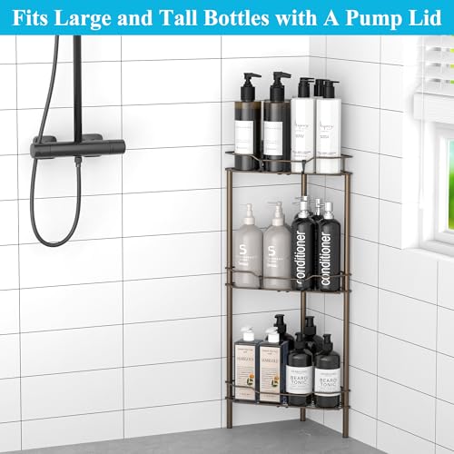 HuggieGems 3 Tier Floor Standing Corner Shower Caddy Organizer Shelf with Hooks, Bathroom Shelves Stand Rack, Bronze - Image 4
