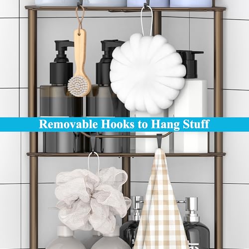 HuggieGems 3 Tier Floor Standing Corner Shower Caddy Organizer Shelf with Hooks, Bathroom Shelves Stand Rack, Bronze - Image 5