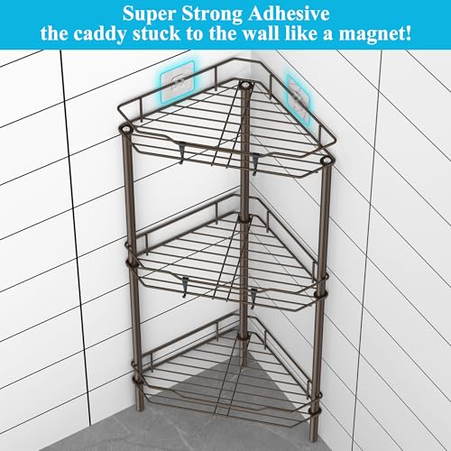 HuggieGems 3 Tier Floor Standing Corner Shower Caddy Organizer Shelf with Hooks, Bathroom Shelves Stand Rack, Bronze - Image 2