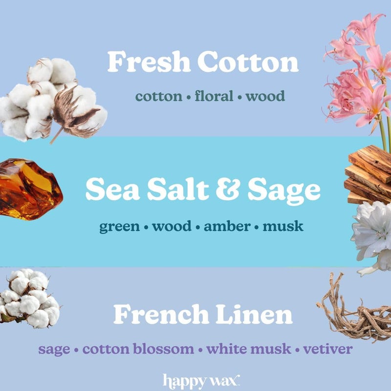 Happy Wax Clean Laundry Mix Premium Scented Natural, Non Toxic Soy Wax Melts â€“ 6 Total Oz. of Scented Wax Melts Includes: Fresh Cotton, French Linens and Sea Salt & Sage - Image 2