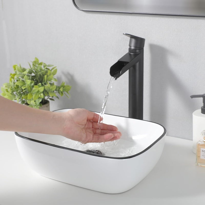 VAPSINT 14'' x 10'' Bathroom Small Vessel Sink Above Counter White Porcelain Ceramic Oval Rectangle Black Trim Decoration Small Vanity Sink Bowl Lavatory Wash Basin - Image 4