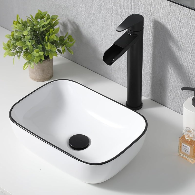 VAPSINT 14'' x 10'' Bathroom Small Vessel Sink Above Counter White Porcelain Ceramic Oval Rectangle Black Trim Decoration Small Vanity Sink Bowl Lavatory Wash Basin - Image 1