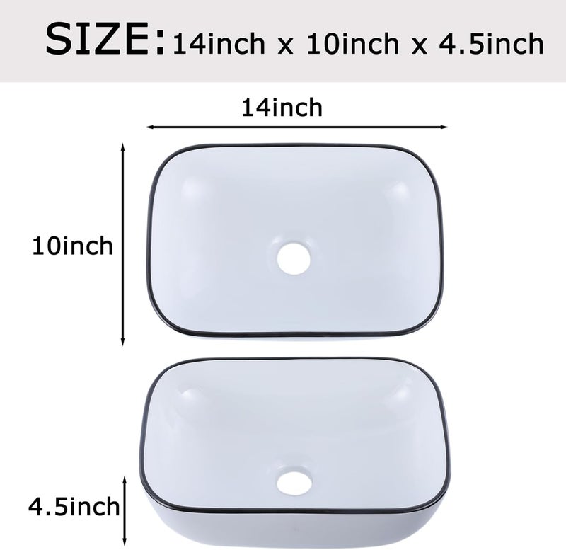 VAPSINT 14'' x 10'' Bathroom Small Vessel Sink Above Counter White Porcelain Ceramic Oval Rectangle Black Trim Decoration Small Vanity Sink Bowl Lavatory Wash Basin - Image 2