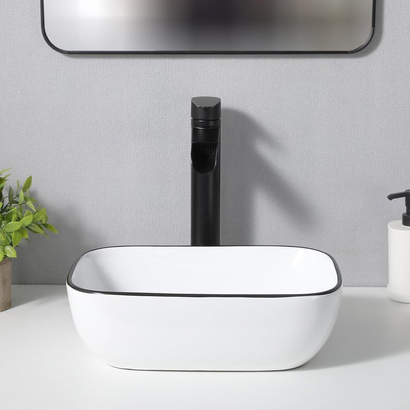 VAPSINT 14'' x 10'' Bathroom Small Vessel Sink Above Counter White Porcelain Ceramic Oval Rectangle Black Trim Decoration Small Vanity Sink Bowl Lavatory Wash Basin - Image 3
