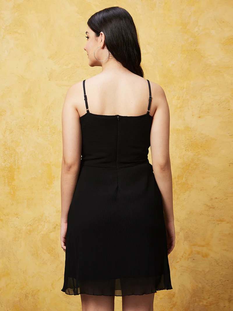 globus Women Black Shoulder Straps Ruffled A-Line Dress