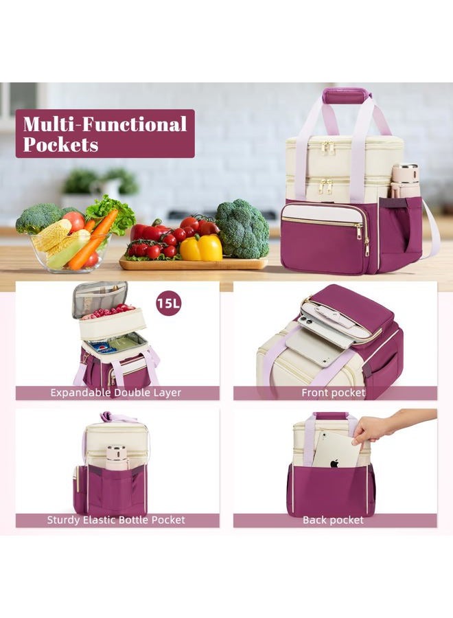 holuxer Insulated Lunch Bag & Lunch Box for Women - Double Deck Reusable Lunch Bag for men Tote Cooler Bag Leakproof Soft Expandable - Large Lunchbox for Work/Adult/Picnic/Outdoor (Light Purple，15L) - Image 3