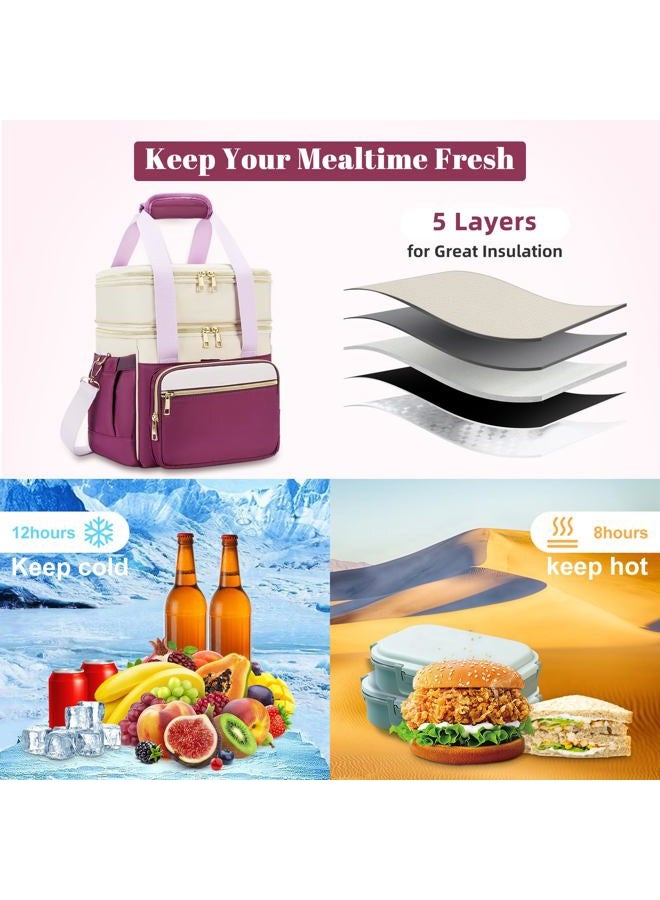 holuxer Insulated Lunch Bag & Lunch Box for Women - Double Deck Reusable Lunch Bag for men Tote Cooler Bag Leakproof Soft Expandable - Large Lunchbox for Work/Adult/Picnic/Outdoor (Light Purple，15L) - Image 5