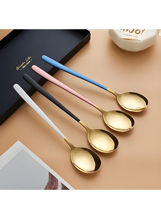 Dhruv Mart Spoons,Stainless Steel Long-Handled Spoon,Gold Small Round Spoon,Household Tableware Set,Dessert Spoon,Suitable For Cafe Restaurant For Soup,Grain,Tea, Set Of 4 (Mix Colour Gold) - 20 Cm - Image 1