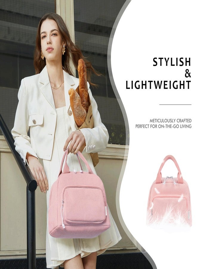 HOMESPON Lunch Bag for Women Men Adults with Front Pocket Cute Corduroy Insulated Lunch Tote Large Capacity Lunch Box Cooler Container for Work Picnic or Travel (Pink) - Image 2