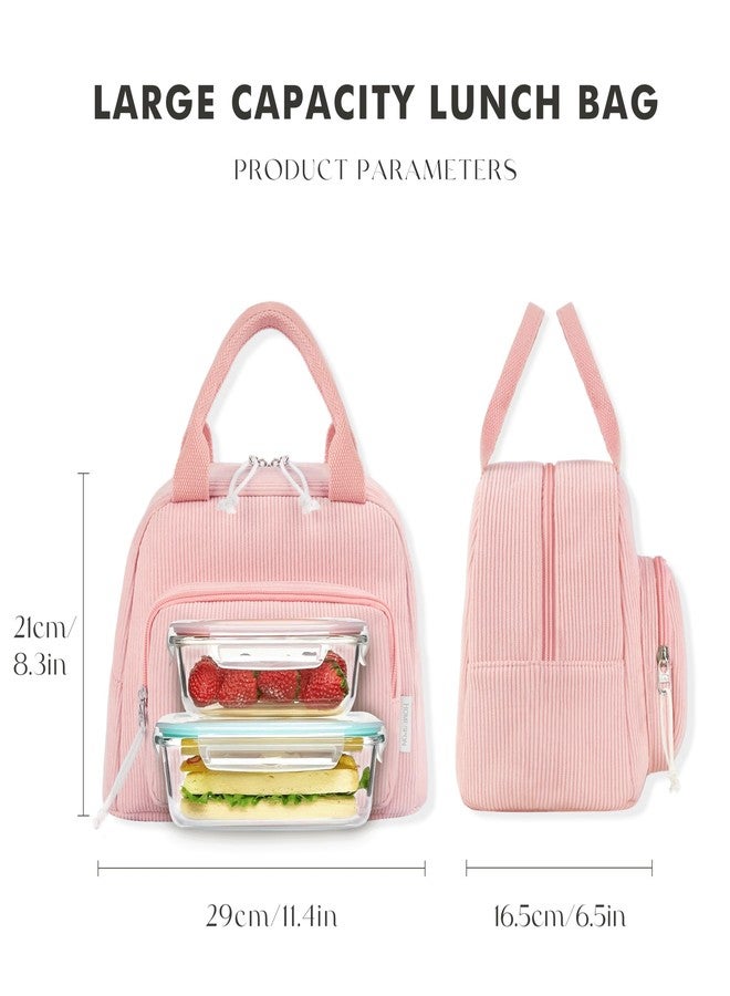 HOMESPON Lunch Bag for Women Men Adults with Front Pocket Cute Corduroy Insulated Lunch Tote Large Capacity Lunch Box Cooler Container for Work Picnic or Travel (Pink) - Image 3