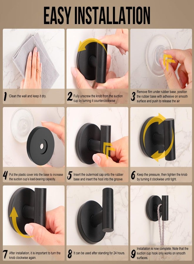 Ovveroche 16 Pack Suction Cup Hooks for Shower Waterproof, Black Matte Wall Mount Towel Holder, Removable Towel Hook, No Drill Stainless Steel Towel Hooks for Bathroom Wall, Wall Hangs 15lbs - Image 4